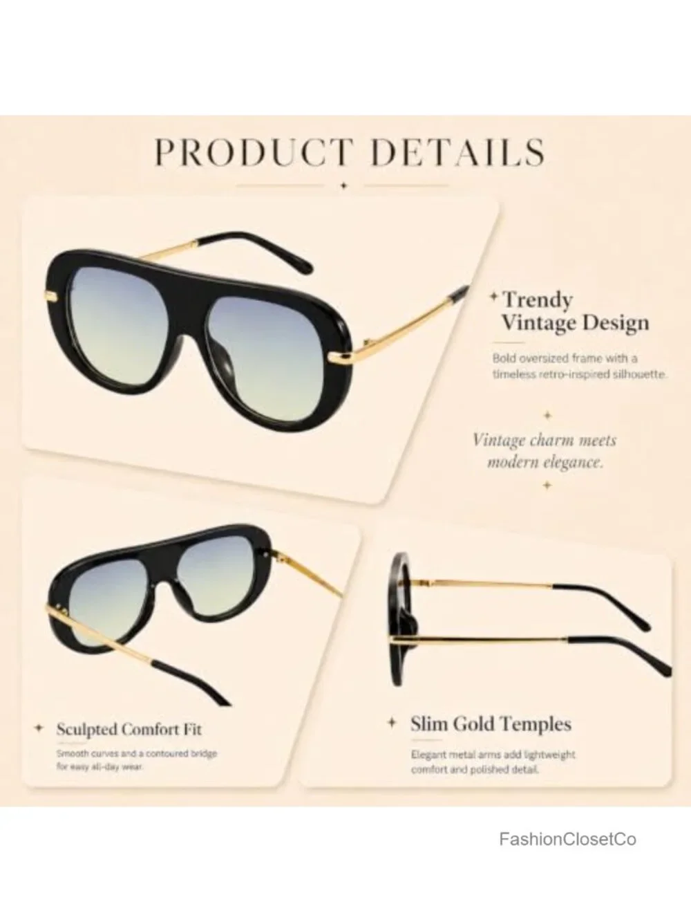 Retro Aviator Sunglasses with UV400 Protection for Women, Oversized 70s Vintage